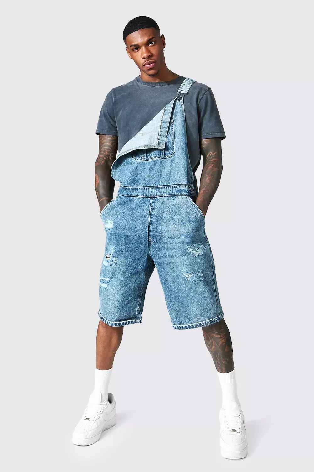 Mens ripped best sale overalls shorts